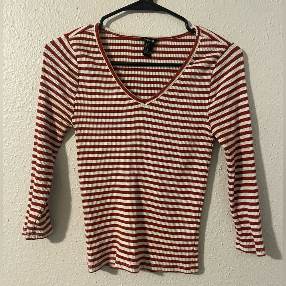 Forever 21 Burnt Orange and Cream Striped 3/4 Sleeve Shirt